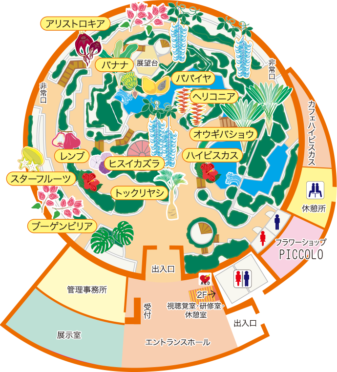 トロピカルドーム温室のフロアマップ